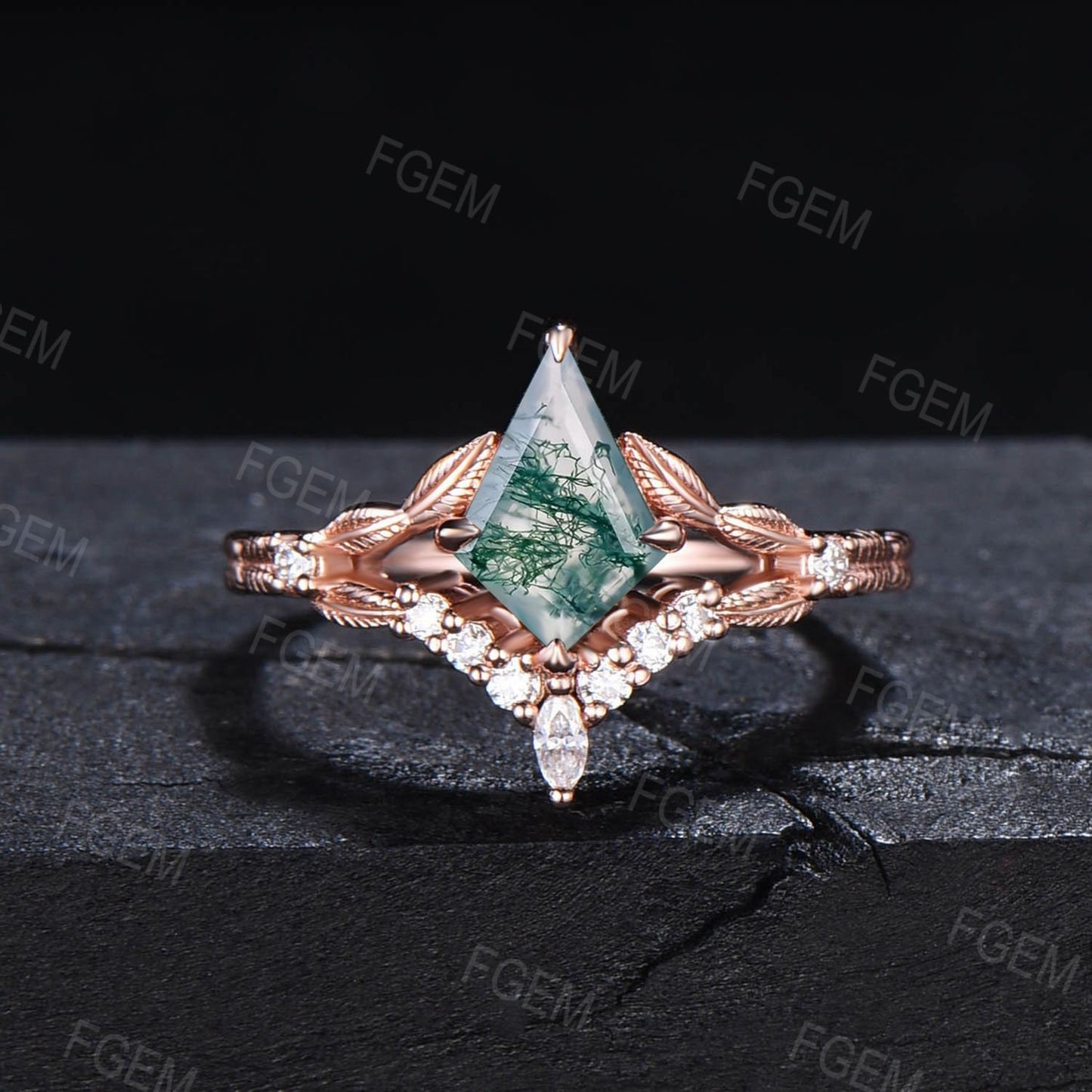 Kite Cut Natural Green Moss Agate Moissanite Ring Set Nature Inspired Branch Aquatic Agate Wedding Ring Set Unique Anniversary/Proposal Gift