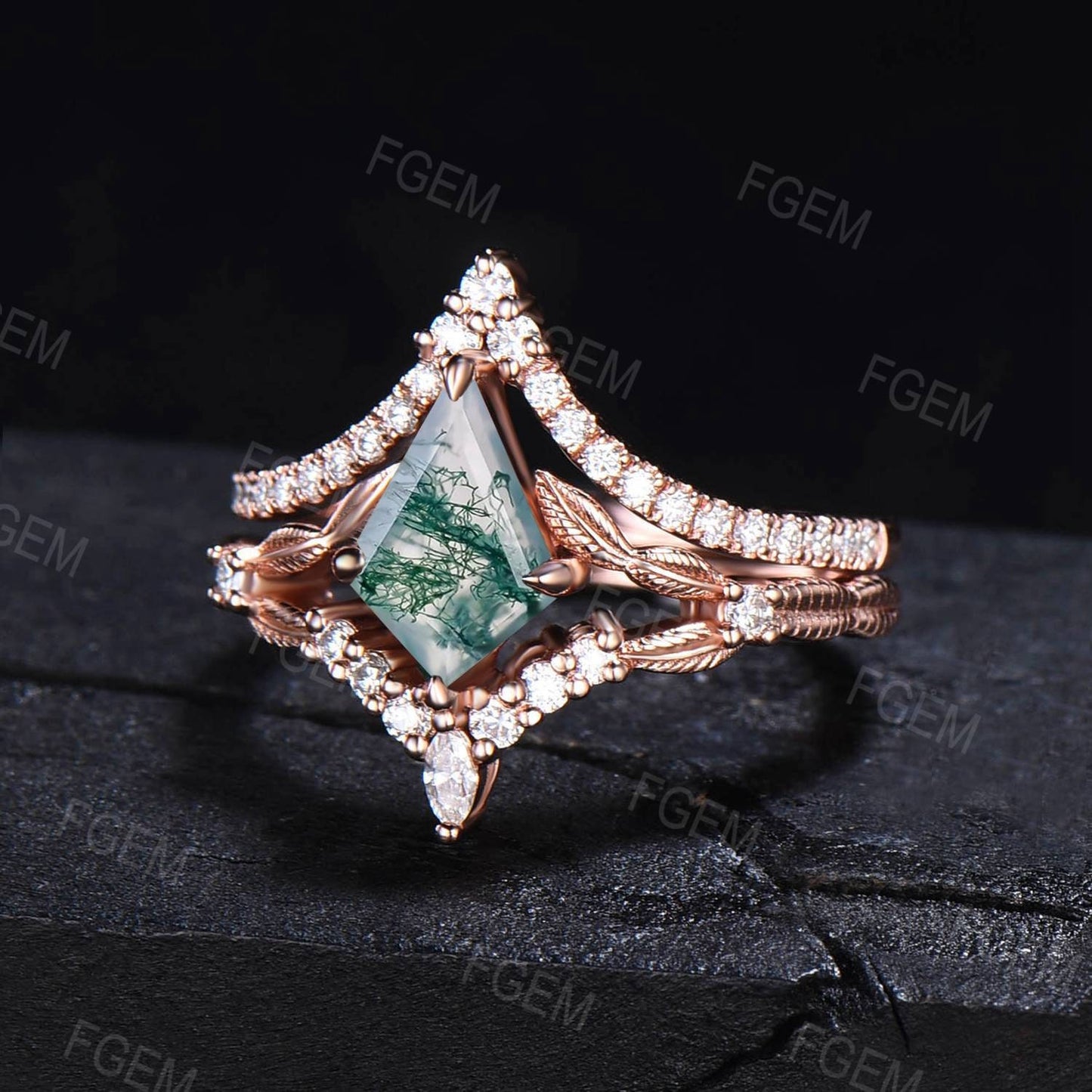 Kite Cut Natural Green Moss Agate Moissanite Ring Set Nature Inspired Branch Aquatic Agate Wedding Ring Set Unique Anniversary/Proposal Gift