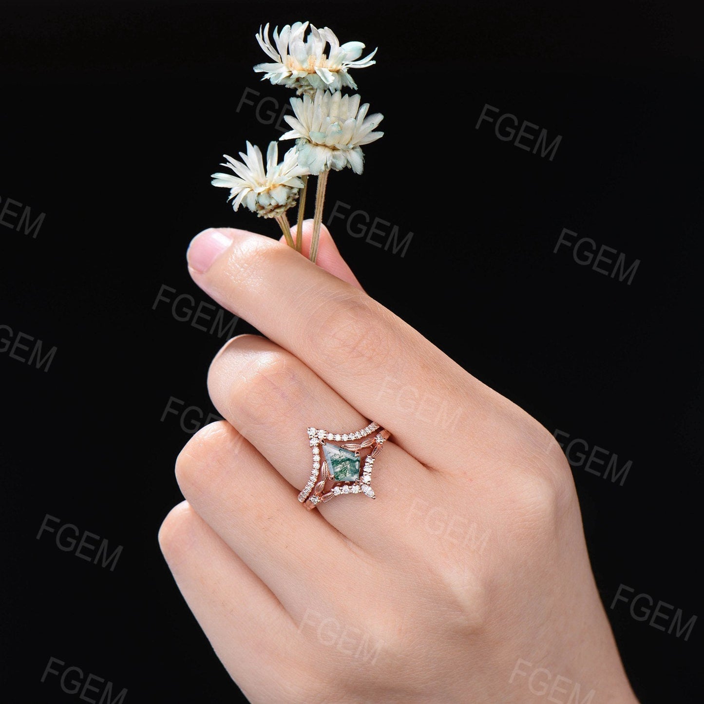 Kite Cut Natural Green Moss Agate Moissanite Ring Set Nature Inspired Branch Aquatic Agate Wedding Ring Set Unique Anniversary/Proposal Gift