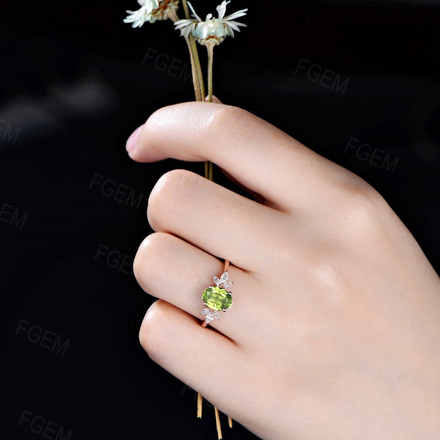 Sterling Silver Natural Peridot Cluster Promise Ring Green Gemstone Jewelry August Birthstone Wedding Ring Anniversary/Birthday Gift Women