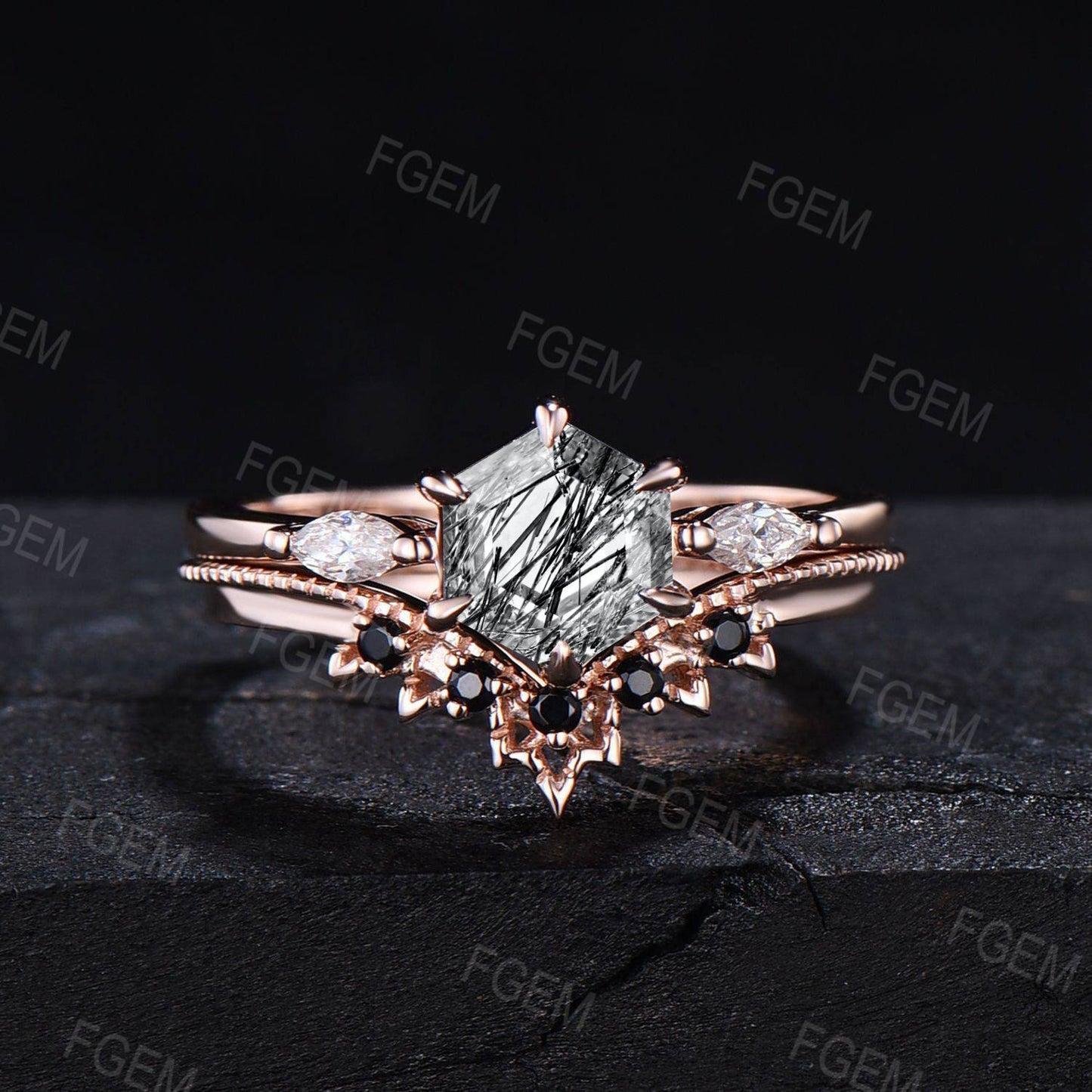 3pcs Hexagon Cut Natural Black Rutilated Quartz Ring Set Vintage Black Spinel Wedding Band Unique Wedding Gift for Women Black Stone Jewelry