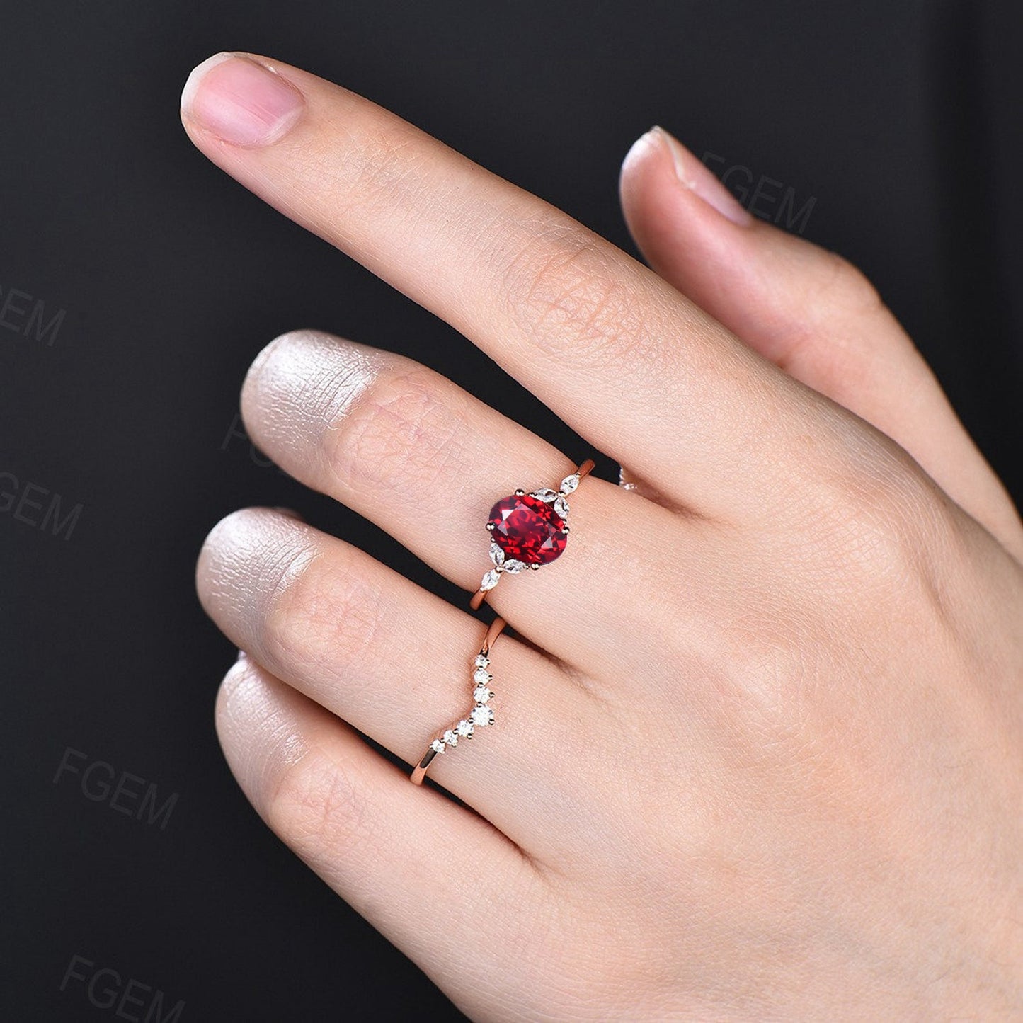 Sterling Silver Red Gemstone Jewelry 1.5ct Oval Red Ruby Engagement Ring Set Vintage Unique Anniversary/Birthday Gift July Birthstone Rings