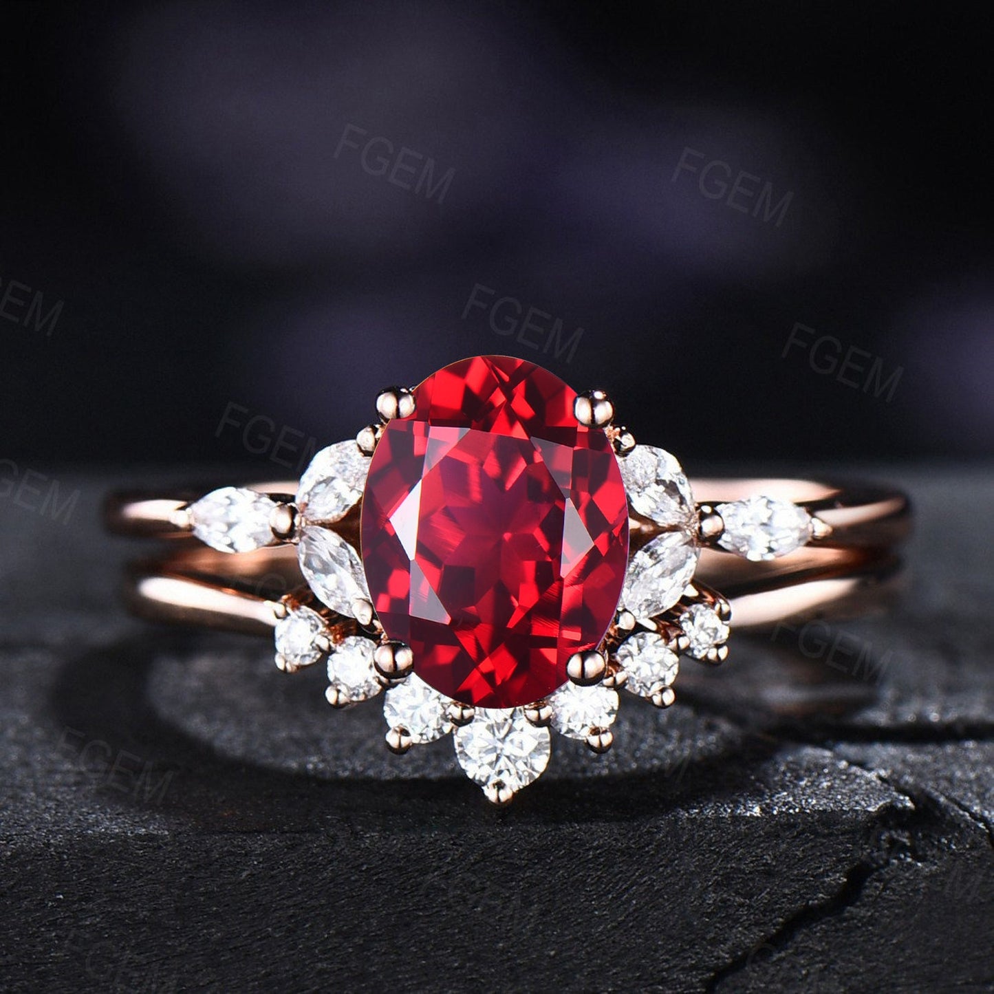Sterling Silver Red Gemstone Jewelry 1.5ct Oval Red Ruby Engagement Ring Set Vintage Unique Anniversary/Birthday Gift July Birthstone Rings