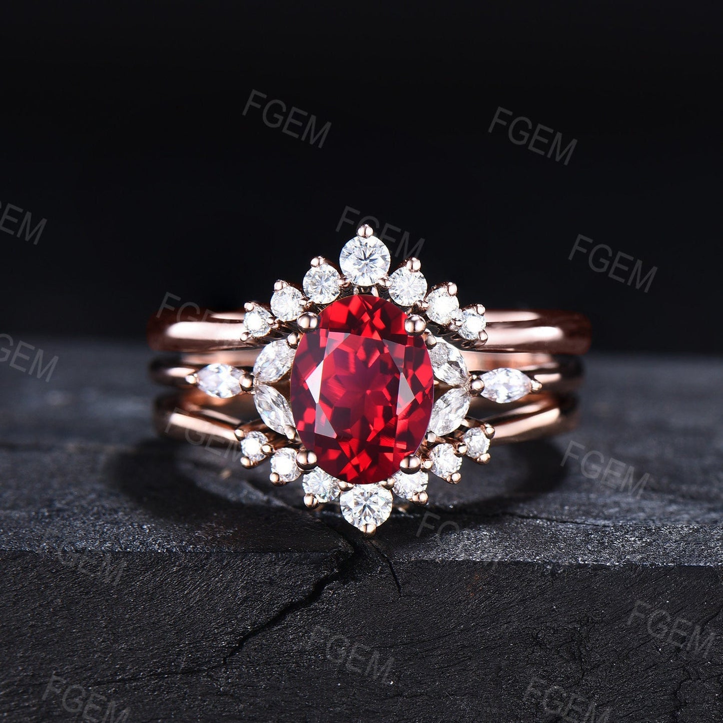 Sterling Silver Red Gemstone Jewelry 1.5ct Oval Red Ruby Engagement Ring Set Vintage Unique Anniversary/Birthday Gift July Birthstone Rings
