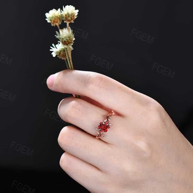 Rose Shaped Natural Garnet Jewelry Rose Gold Nature Inspired Twig Leaf Garnet Engagement Ring January Birthstone Unique Valentine's Day Gift