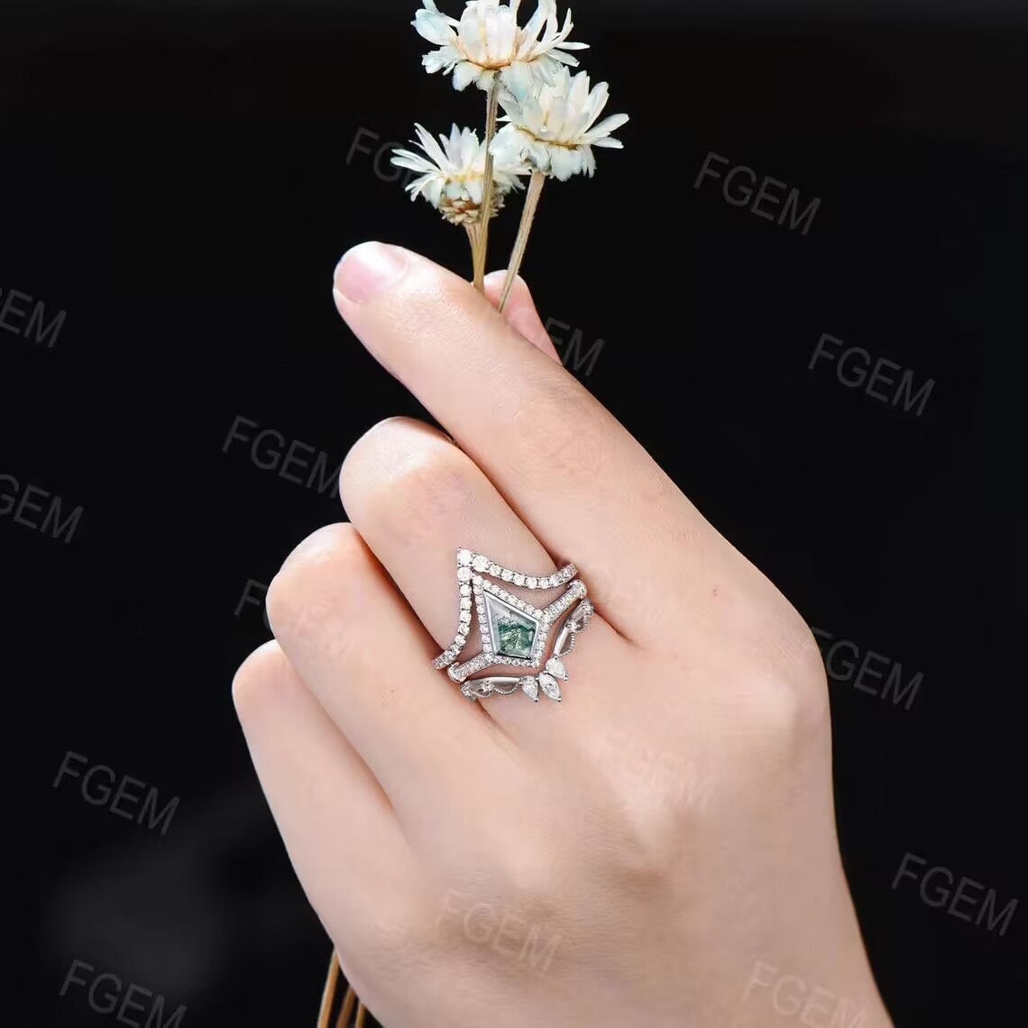 Kite Cut Natural Moss Agate Engagement Ring Set 10K White Gold Halo Solitaire Bezel Moissanite Wedding Promise Ring Unique Anniversary Gifts