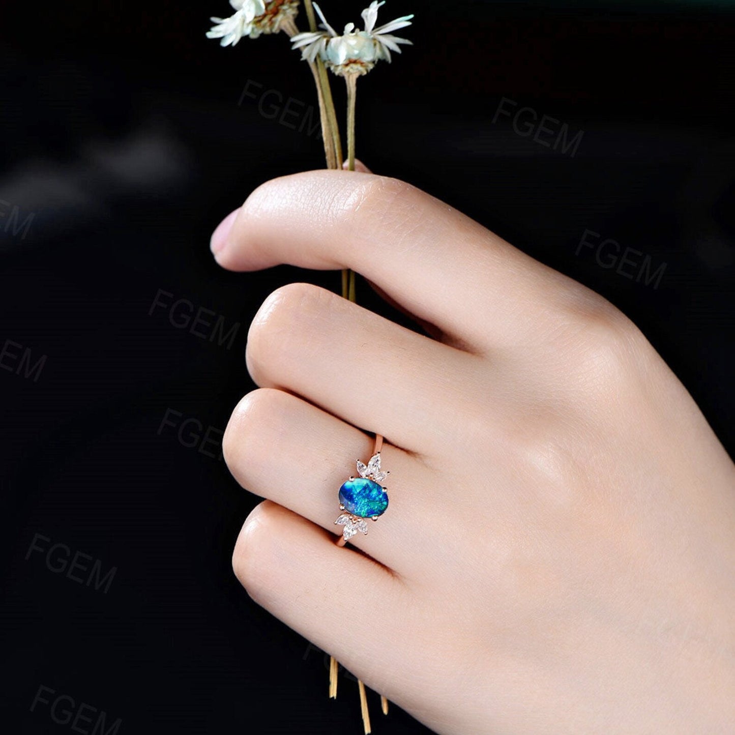 1.5ct Oval Cut Galaxy Blue Opal Promise Ring Sterling Silver Cluster CZ Diamond Flower Wedding Ring Unique Handmade Proposal Gifts for Women