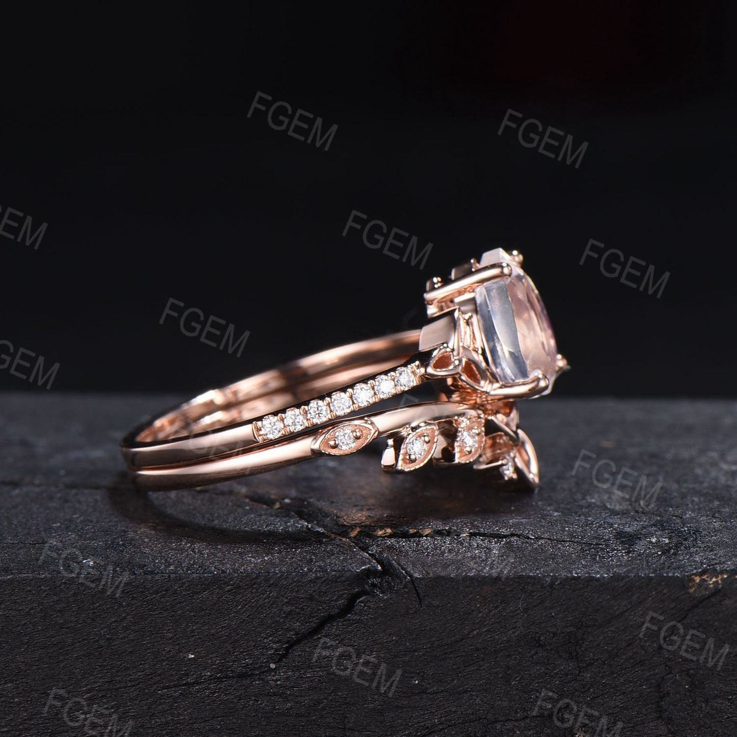 Celtic Moonstone Engagement Ring Set 10K Rose Gold 1.25ct Pear Natural Moonstone Wedding Ring Set Half Eternity Moissanite Trinity Knot Ring
