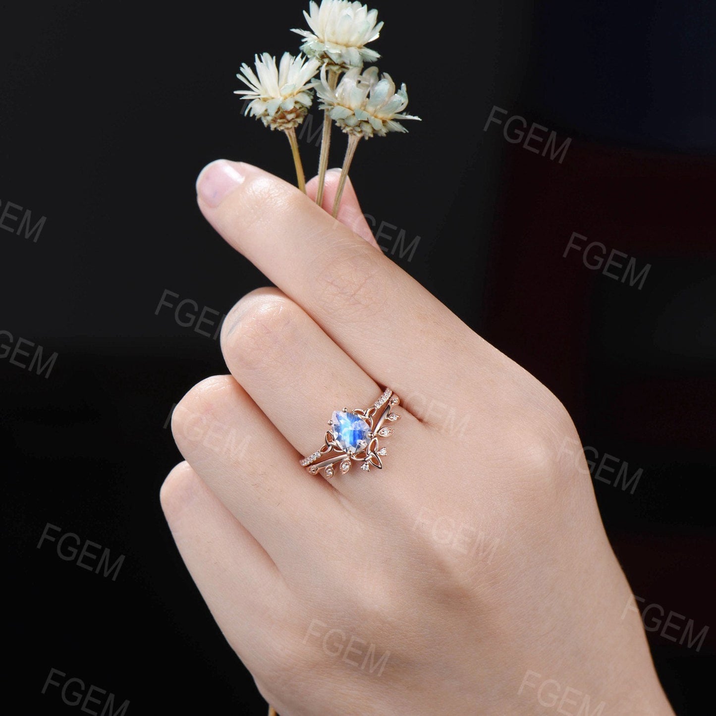 Celtic Moonstone Engagement Ring Set 10K Rose Gold 1.25ct Pear Natural Moonstone Wedding Ring Set Half Eternity Moissanite Trinity Knot Ring