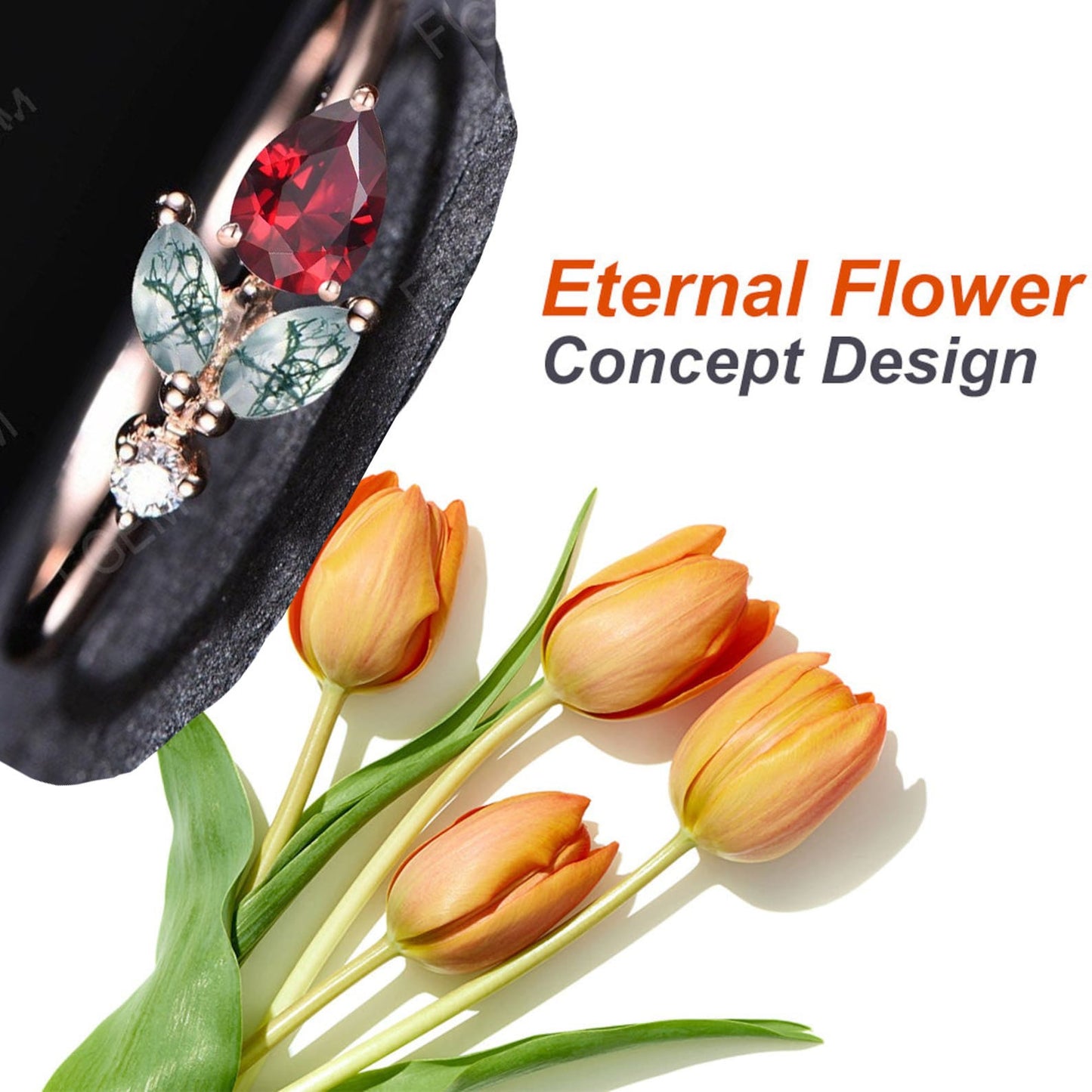 Unique Moss Agate Ruby Engagement Ring Dainty Pear Red Ruby Ring Marquise Moss Ring July Birthstone Minimalist Wedding Ring Birthday Gifts