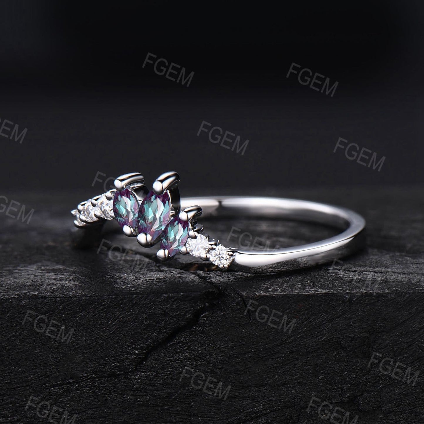 Curved Moissanite Alexandrite Stacking Matching Wedding Band Art Deco 10K Rose Gold Marquise Alexandrite Contoured Anniversary Wedding Ring