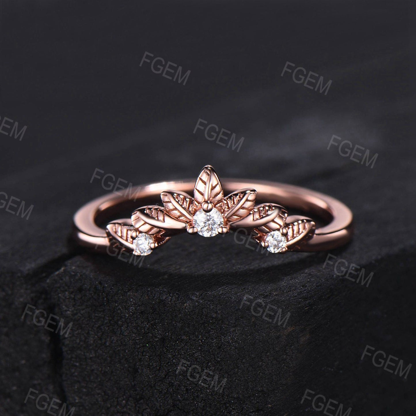 Leaf Curved Moissanite Wedding Band Vintage 10K Rose Gold Diamond Filigree Nature Inspired Botanical Ring Matching Stacking Nesting Band