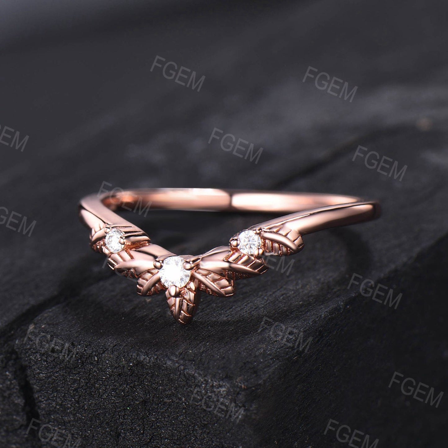 Leaf Curved Moissanite Wedding Band Vintage 10K Rose Gold Diamond Filigree Nature Inspired Botanical Ring Matching Stacking Nesting Band