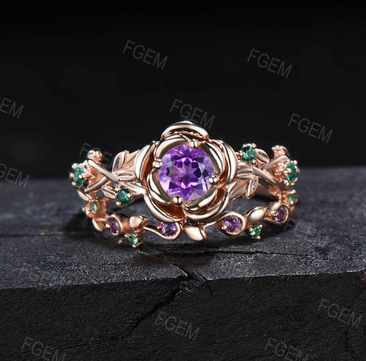 Rose Flower Natural Amethyst Bridal Set Leaf Nature Inspired Round Emerald Amethyst Engagement Ring Set Real Crystal Twig Vine Wedding Ring