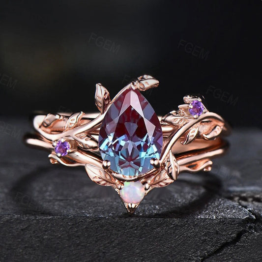 Nature Inspired Pear Alexandrite Amethyst Ring Set Vintage 10K Rose Gold Leaf Opal Band Alexandrite Wedding Ring Unique July Birthstone Gift