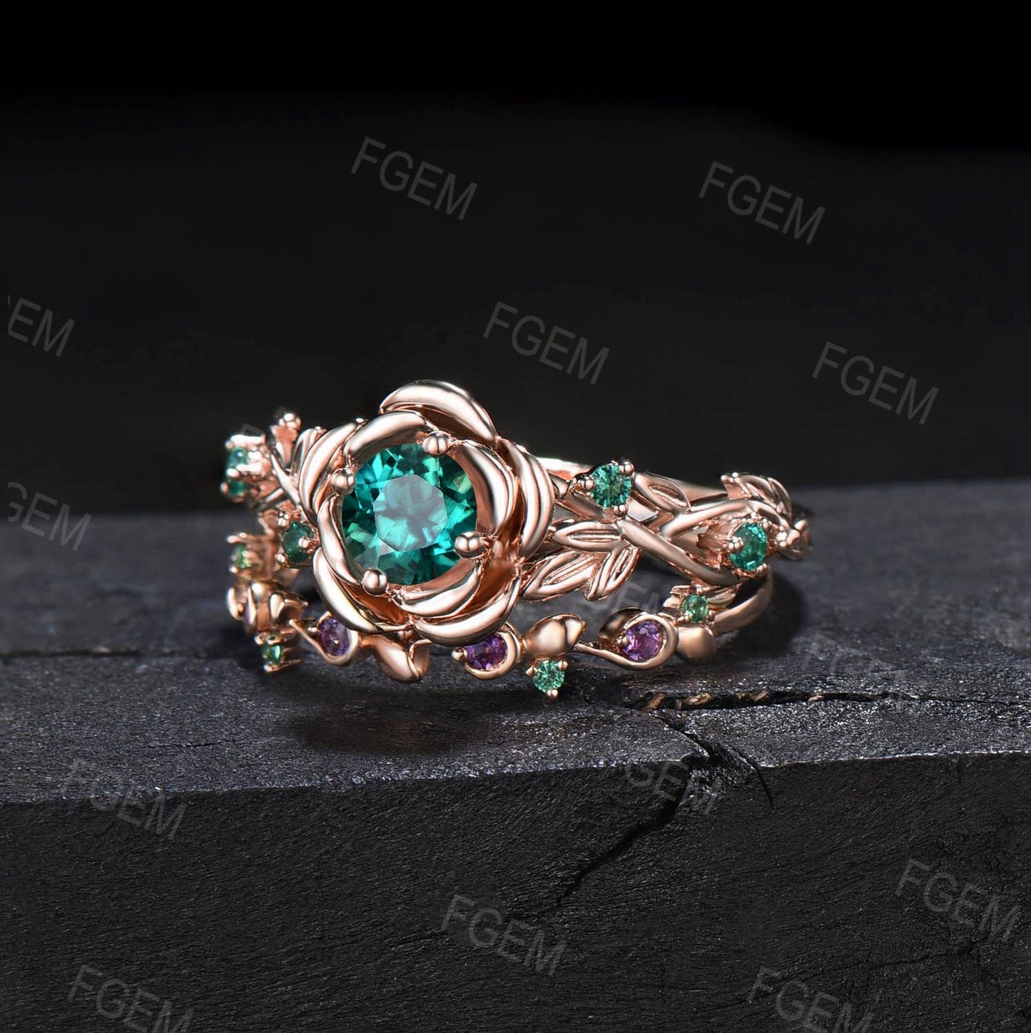 Rose Flower Green Emerald Engagement Ring Set Round Emerald Amethyst Wedding Ring Nature Inspired Floral Ring Leaf Emerald Ring Promise Gift