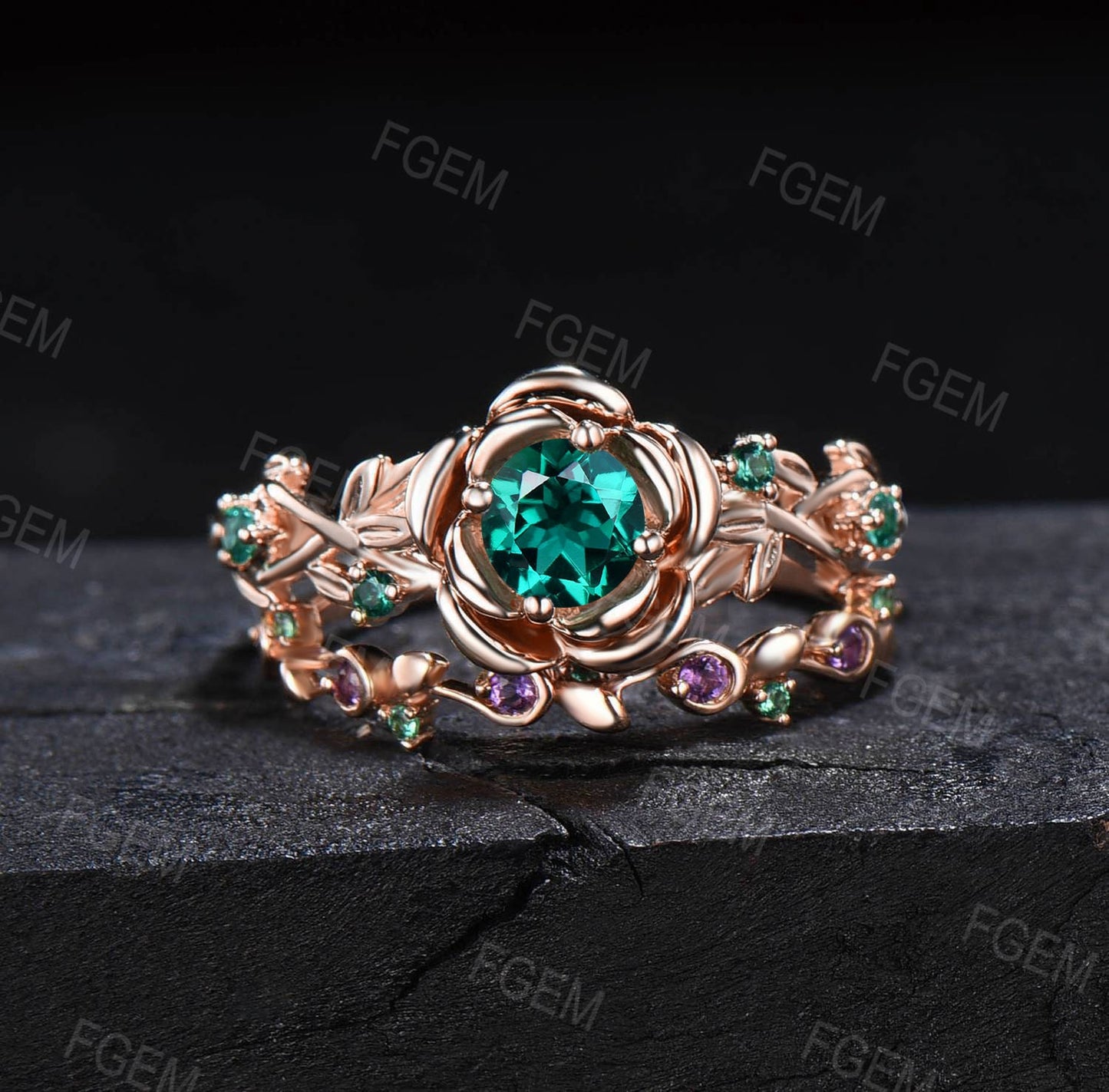 Rose Flower Green Emerald Engagement Ring Set Round Emerald Amethyst Wedding Ring Nature Inspired Floral Ring Leaf Emerald Ring Promise Gift