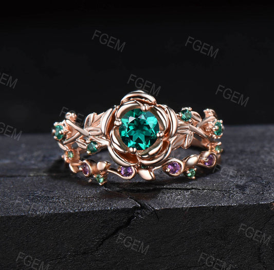Rose Flower Green Emerald Engagement Ring Set Round Emerald Amethyst Wedding Ring Nature Inspired Floral Ring Leaf Emerald Ring Promise Gift