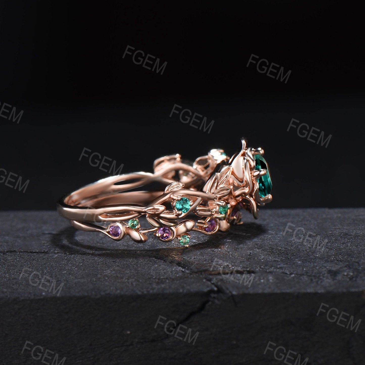 Rose Flower Green Emerald Engagement Ring Set Round Emerald Amethyst Wedding Ring Nature Inspired Floral Ring Leaf Emerald Ring Promise Gift