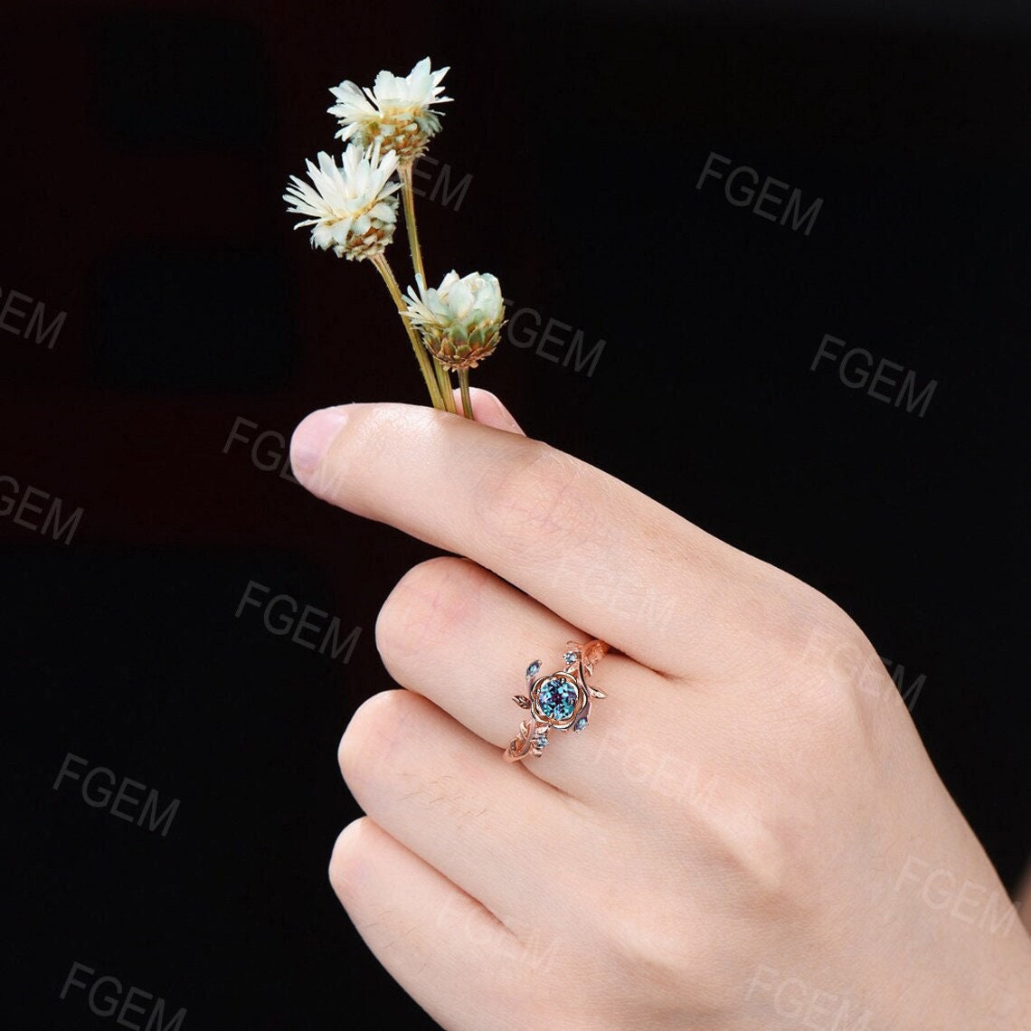 Rose Flower Alexandrite Engagement Ring 5mm Round Leaf Branch Nature Inspired Color-Change Alexandrite Wedding Ring June Birthstone Gifts