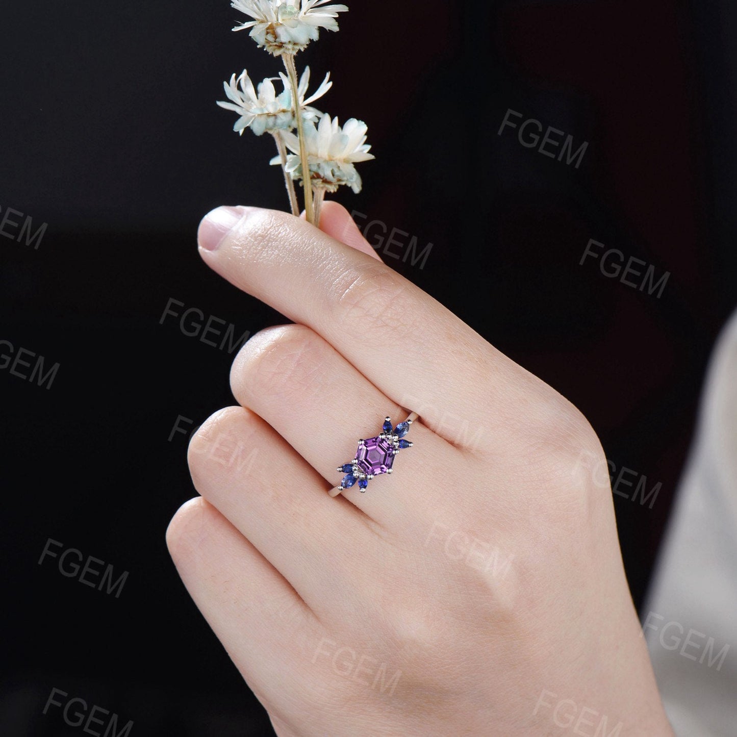 1ct Hexagon Cut Natural Amethyst Promise Ring for Women Rose Gold Purple Crystal Ring Blue Sapphire Wedding Ring February Birthstone Jewelry