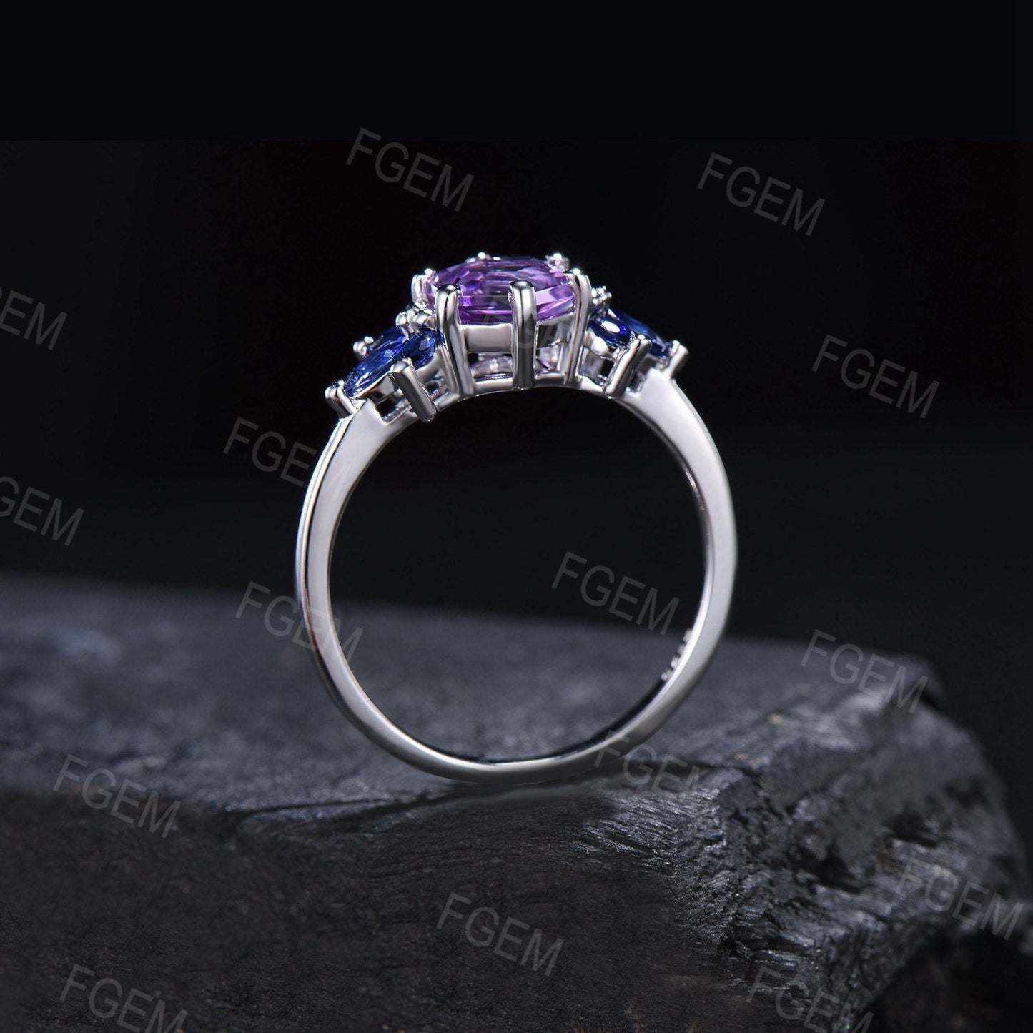 1ct Hexagon Cut Natural Amethyst Promise Ring for Women Rose Gold Purple Crystal Ring Blue Sapphire Wedding Ring February Birthstone Jewelry