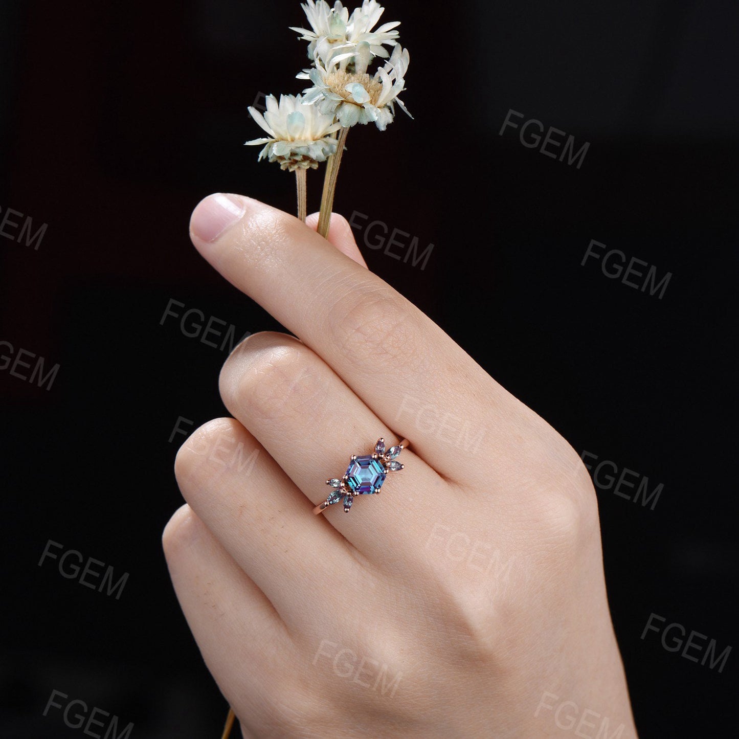 1ct Hexagon Cut Color-Change Alexandrite Ring Marquise Cut Alexandrite Cluster Ring June Birthstone Wedding Ring Unique Birthday Gift Women