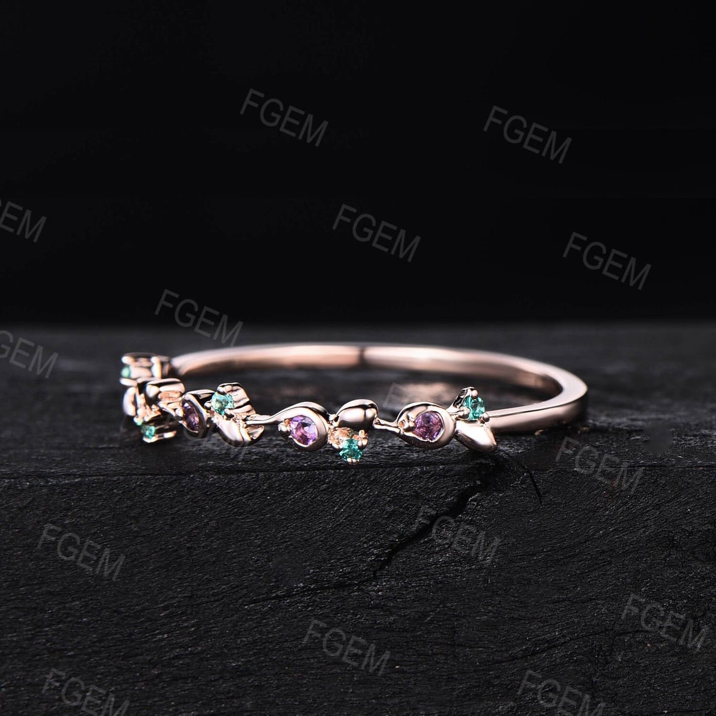 Round Amethyst Green Emerald Twist Twig Vine Minimalist Wedding Band Ring Dainty Nature Inspired Branch Matching Stacking Band Birthday Gift
