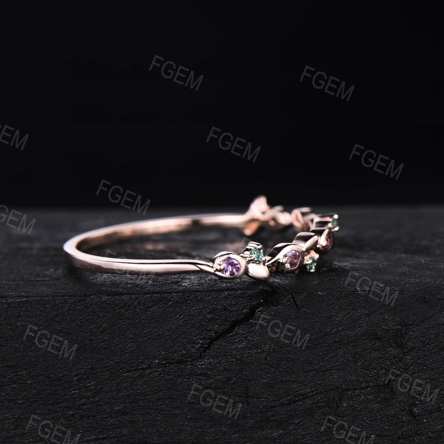 Round Amethyst Green Emerald Twist Twig Vine Minimalist Wedding Band Ring Dainty Nature Inspired Branch Matching Stacking Band Birthday Gift