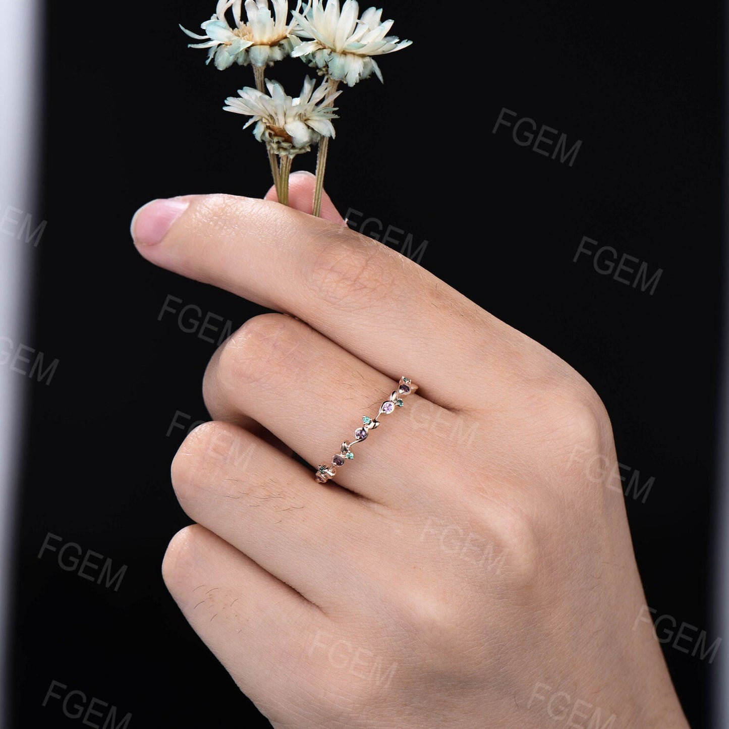 Round Amethyst Green Emerald Twist Twig Vine Minimalist Wedding Band Ring Dainty Nature Inspired Branch Matching Stacking Band Birthday Gift