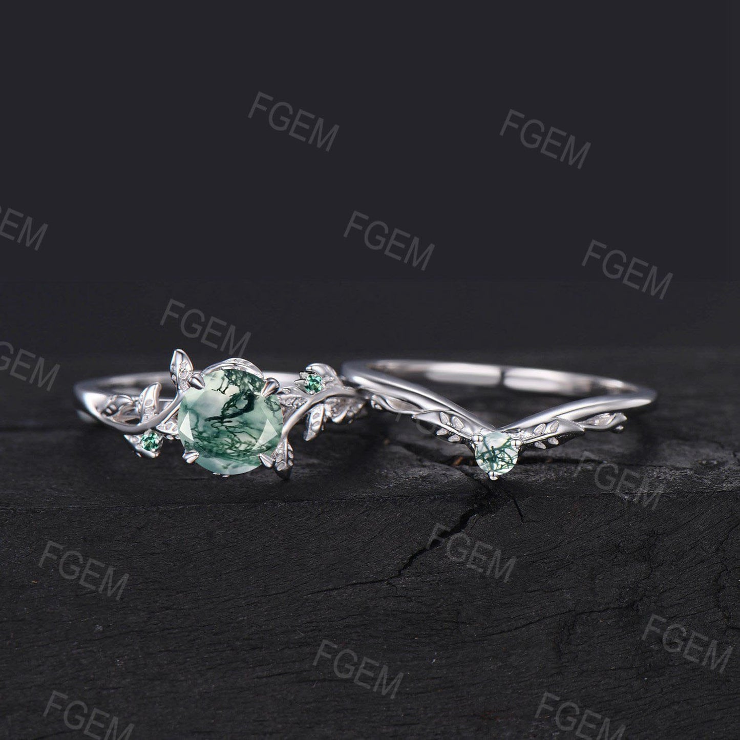 1ct Round Cut Natural Moss Agate Engagement Rings Set 14K White Gold Branch Cluster Emerald Rings Unique Leaf Wedding Ring Anniversary Gifts