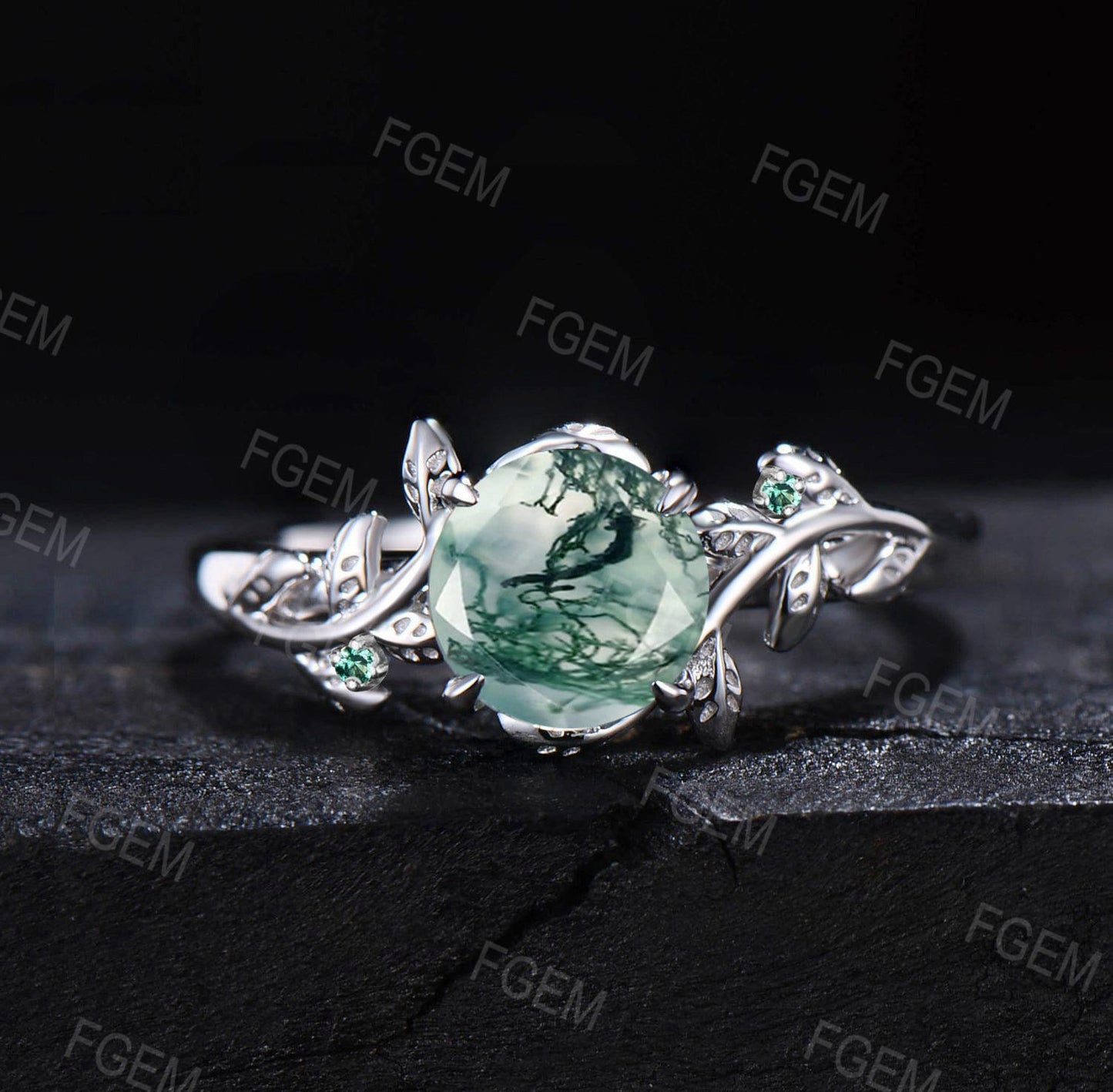 1ct Round Cut Natural Moss Agate Engagement Rings Set 14K White Gold Branch Cluster Emerald Rings Unique Leaf Wedding Ring Anniversary Gifts