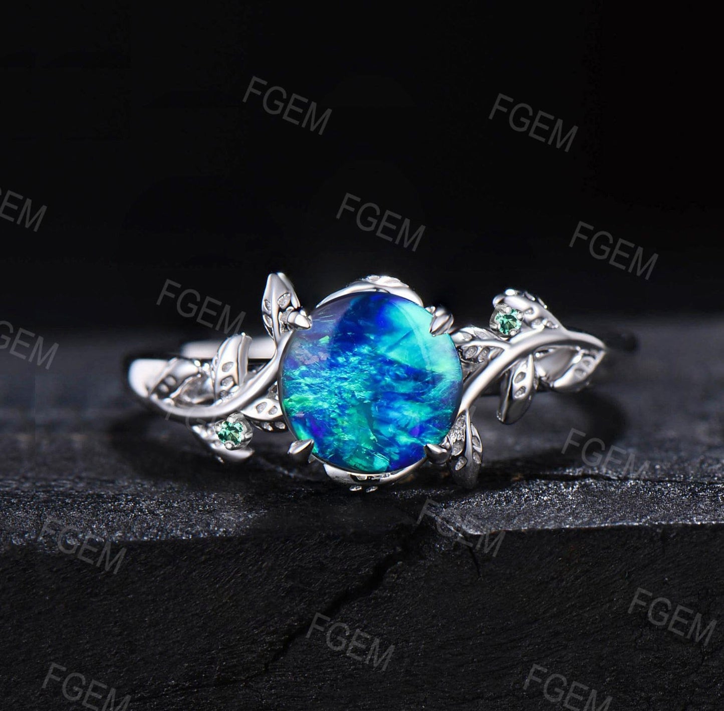 10K White Gold 1ct Round Cut Leaf Blue Fire Opal Emerald Engagement Ring Set Moss Agate Wedding Ring Twig Nature Inspired Opal Promise Ring