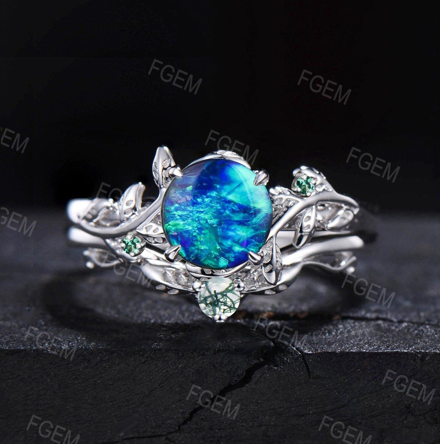 10K White Gold 1ct Round Cut Leaf Blue Fire Opal Emerald Engagement Ring Set Moss Agate Wedding Ring Twig Nature Inspired Opal Promise Ring