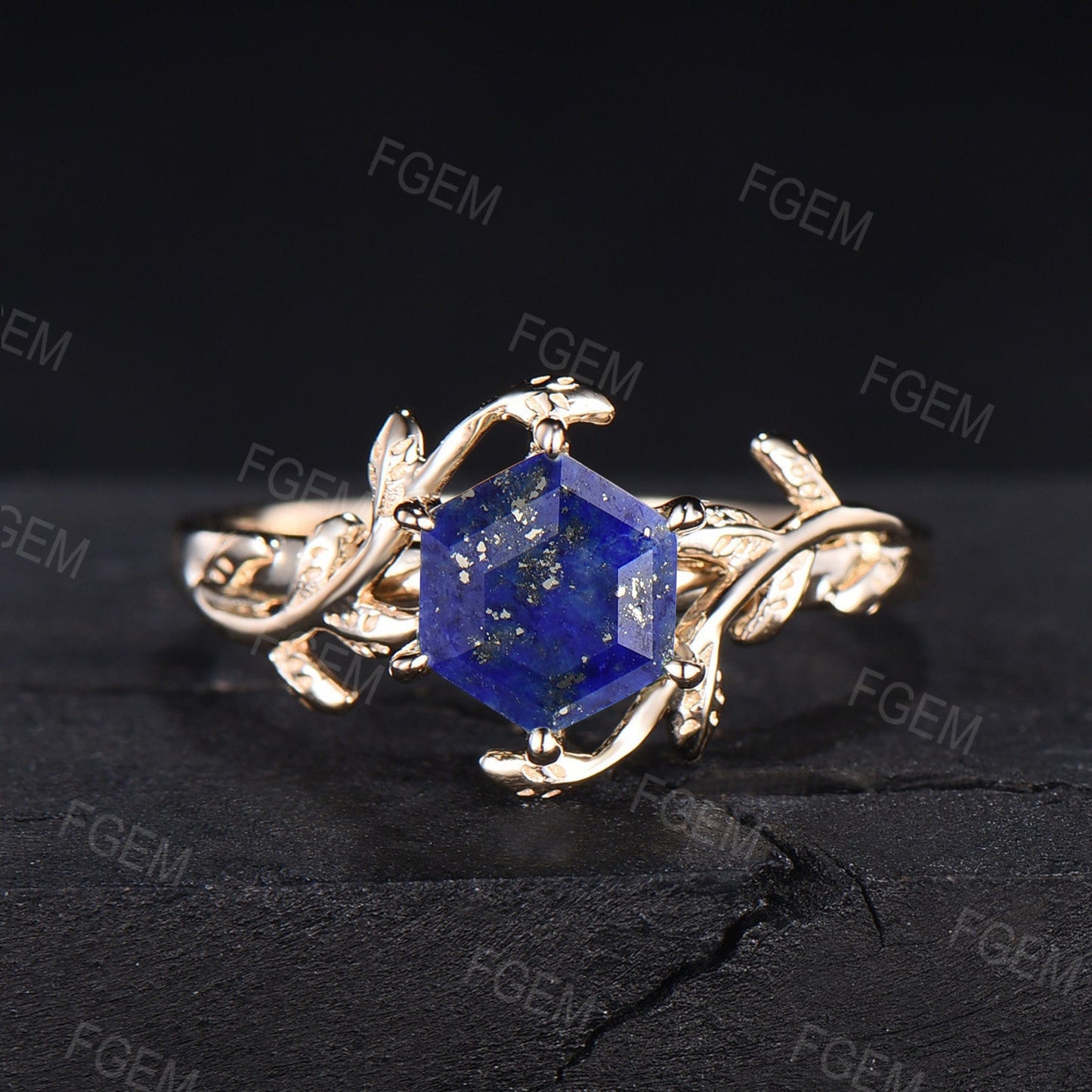 Natural Lapis Lazuli Ring Vintage Hexagon Engagement Ring Inspired Leaf Solitaire Ring Blue Gemstone Wedding Ring Unique Promise Ring Women