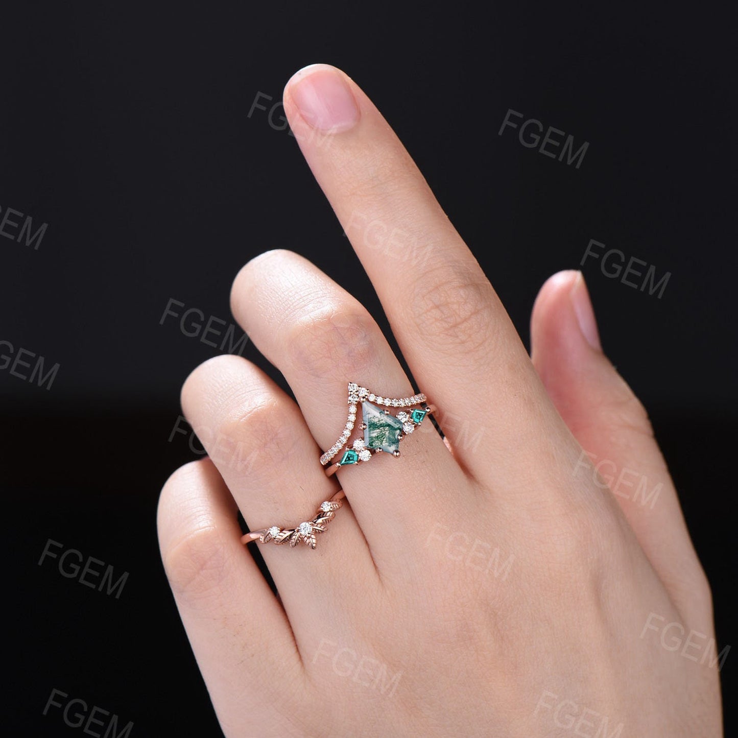 Kite Cut Natural Moss Agate Engagement Ring Set Leaf Wedding Band Set Vintage 10K/14K/18K Rose Gold Green Emerald Moissanite Wedding Ring