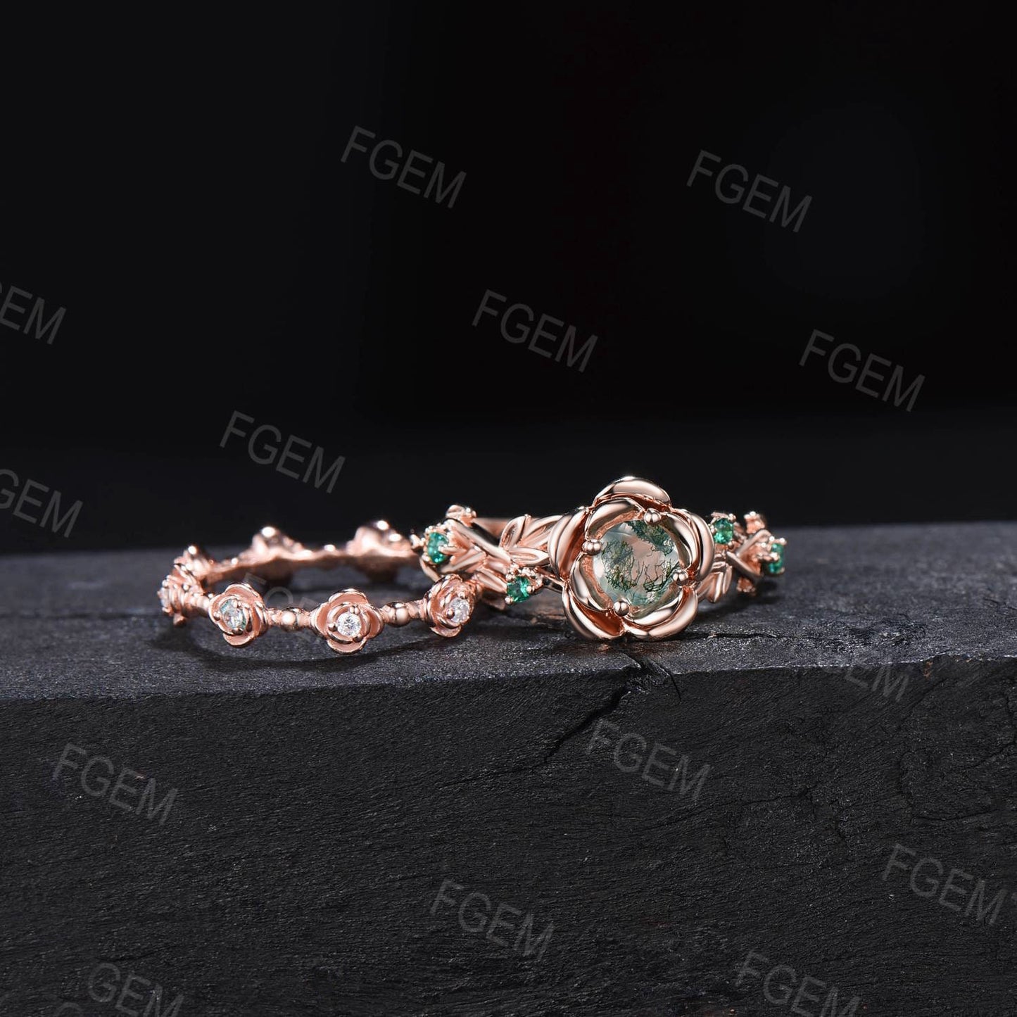 Nature Inspired Round Moss Agate Rose Flower Engagement Ring Set Leaf Branch 14K Rose Gold Twig Floral Emerald Moissanite Wedding Ring Women