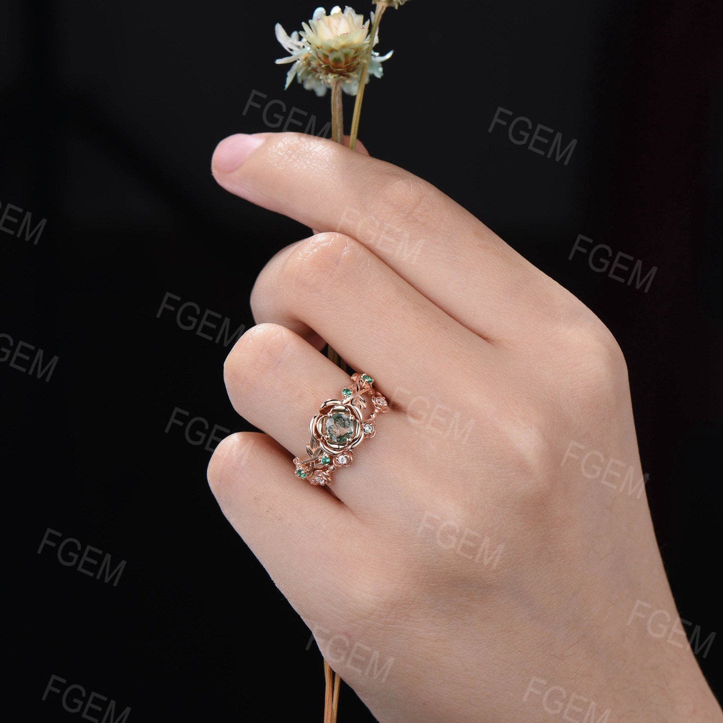 Nature Inspired Round Moss Agate Rose Flower Engagement Ring Set Leaf Branch 14K Rose Gold Twig Floral Emerald Moissanite Wedding Ring Women
