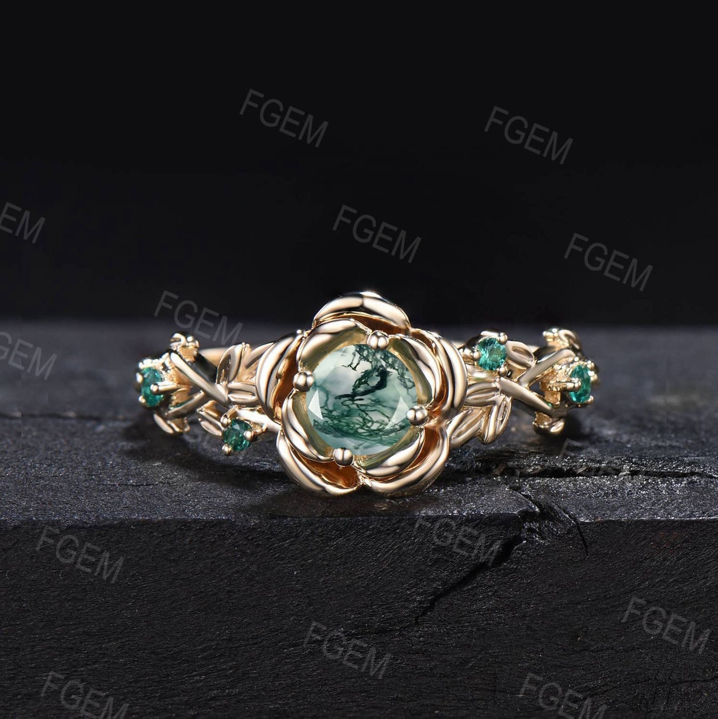 Nature Inspired Round Moss Agate Rose Flower Engagement Ring Set Leaf Branch 14K Rose Gold Twig Floral Emerald Moissanite Wedding Ring Women