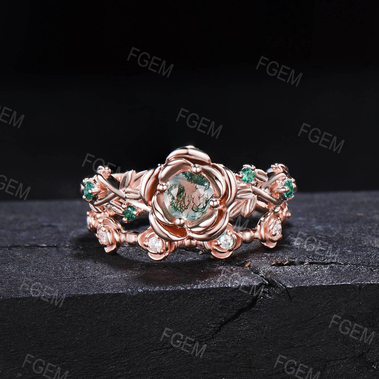 Nature Inspired Round Moss Agate Rose Flower Engagement Ring Set Leaf Branch 14K Rose Gold Twig Floral Emerald Moissanite Wedding Ring Women
