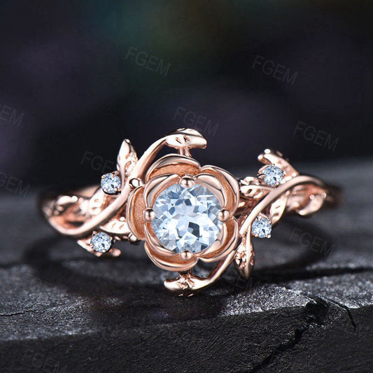 Rose Flower Engagement Ring 5mm Round Natural Aquamarine Wedding Ring 10K Rose Gold Nature Inspired Leaf Floral Aquamarine Ring Promise Gift