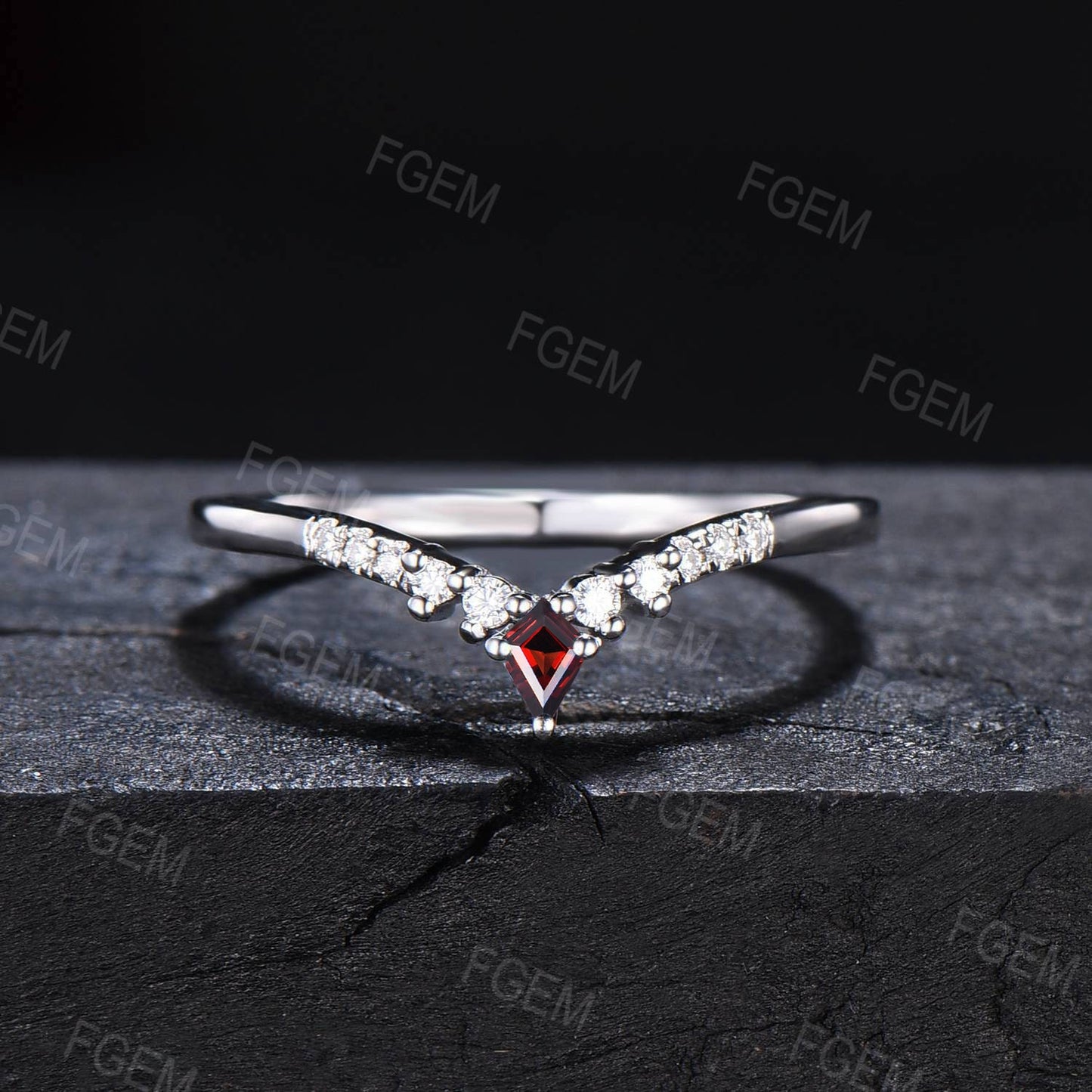 Curved Kite Red Ruby Wedding Band Art Deco Dainty Vintage Rose Gold Chevron Band Moissanite Matching Stacking Ring Unique Anniversary Band