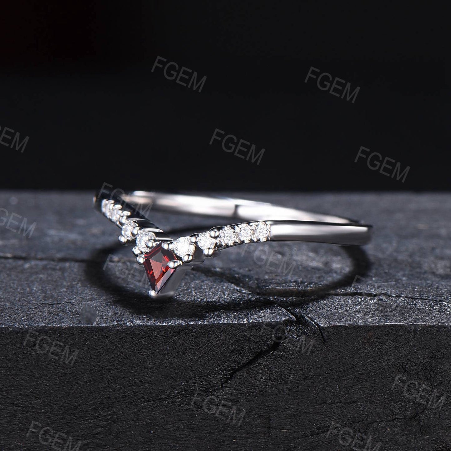 Curved Kite Red Ruby Wedding Band Art Deco Dainty Vintage Rose Gold Chevron Band Moissanite Matching Stacking Ring Unique Anniversary Band