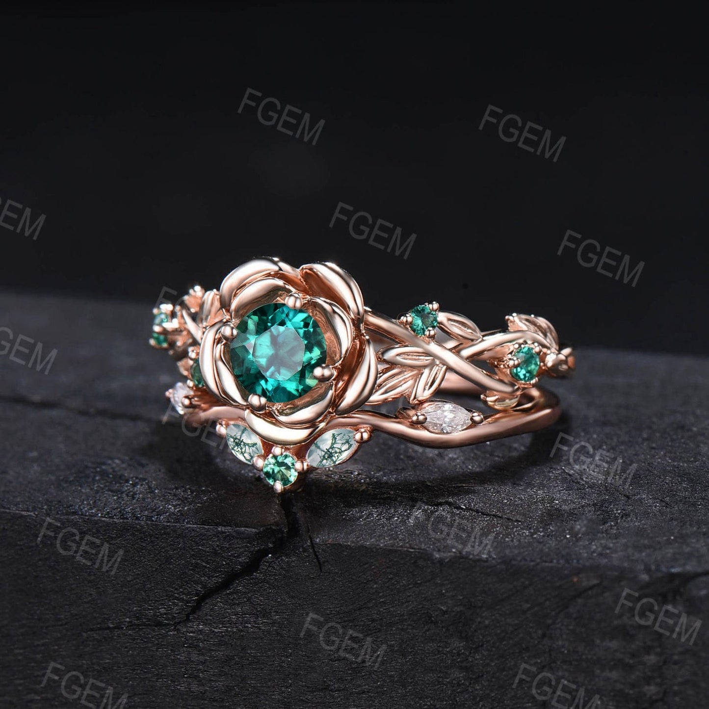 Rose Flower Shaped Ring 5mm Round Green Emerald Wedding Ring Set 10K Rose Gold Nature Inspired Floral Moss Agate Emerald Ring Promise Gift