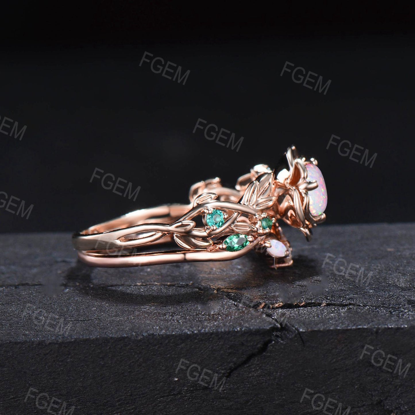 Nature Inspired 5mm Round Cut White Opal Emerald Engagement Ring Set 10K Rose Gold Twist Leaf Vine Rose Flower Floral Opal Wedding Ring Set