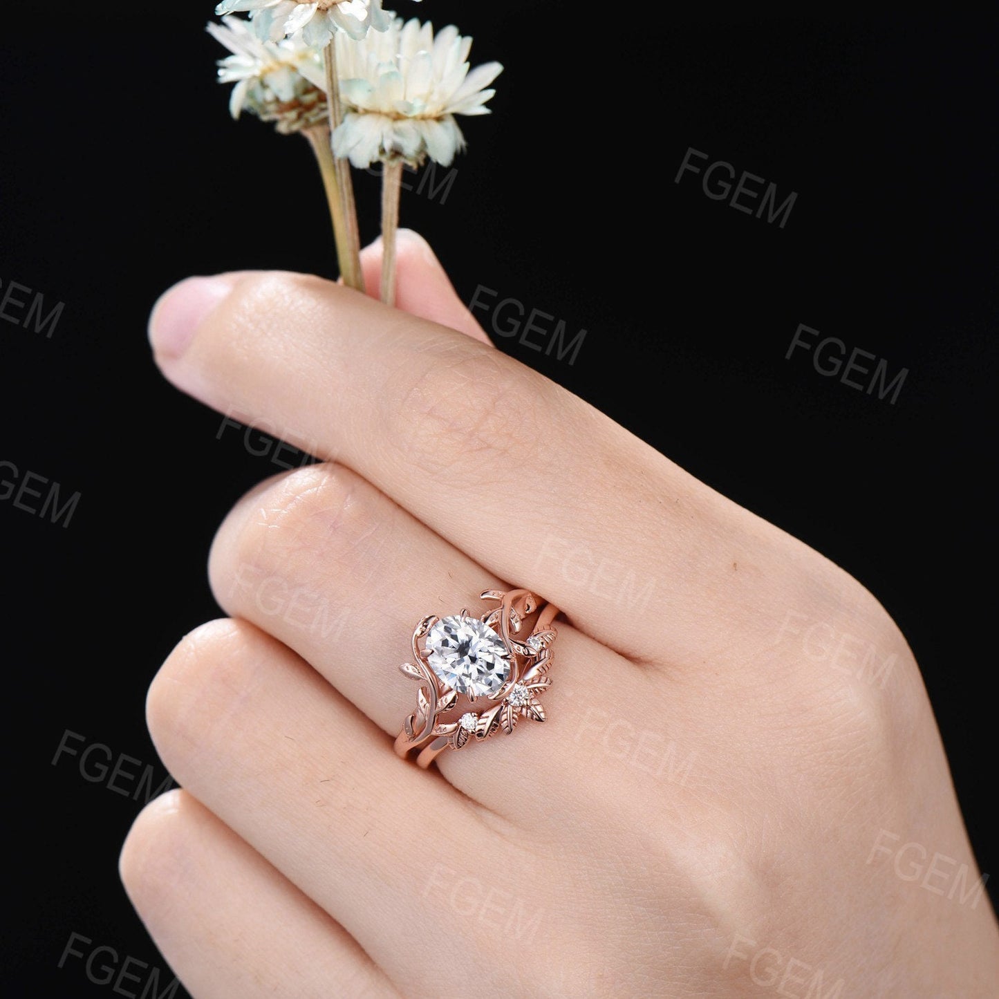 1.5ct Leaf Vine Oval Cut Moissanite Engagement Ring Nature Inspired Moissanite Diamond Wedding Ring Set Twig Branch Moissanite Bridal Sets