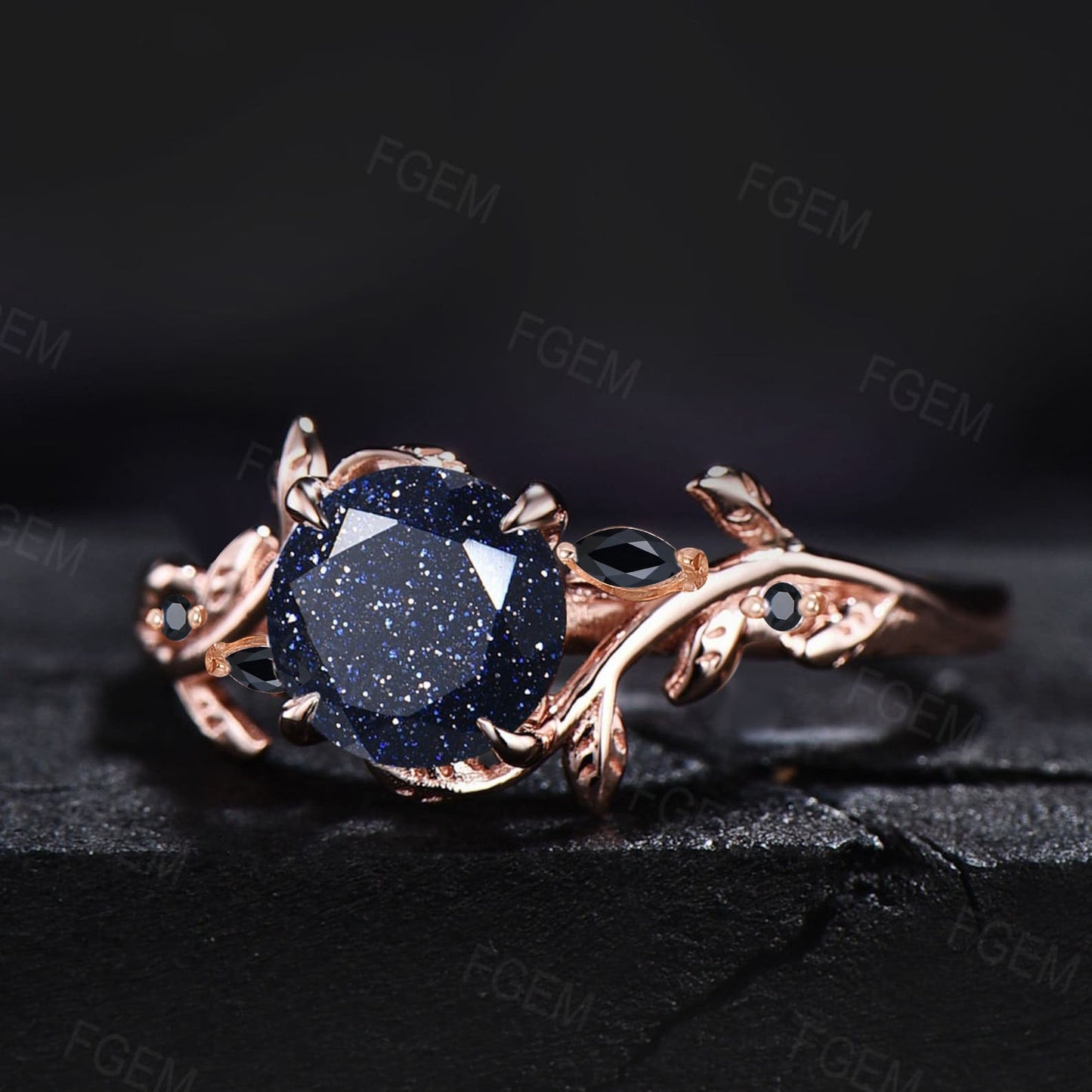 Nature Inspired Galaxy Blue Sandstone Leaf Engagement Ring Round Blue Goldstone Cluster Natural Black Spinel Promise Ring Anniversary Gifts
