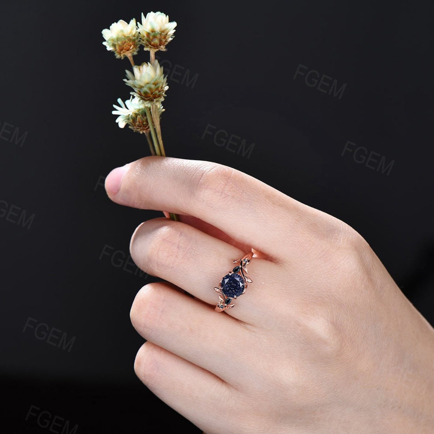 Nature Inspired Galaxy Blue Sandstone Leaf Engagement Ring Round Blue Goldstone Cluster Natural Black Spinel Promise Ring Anniversary Gifts