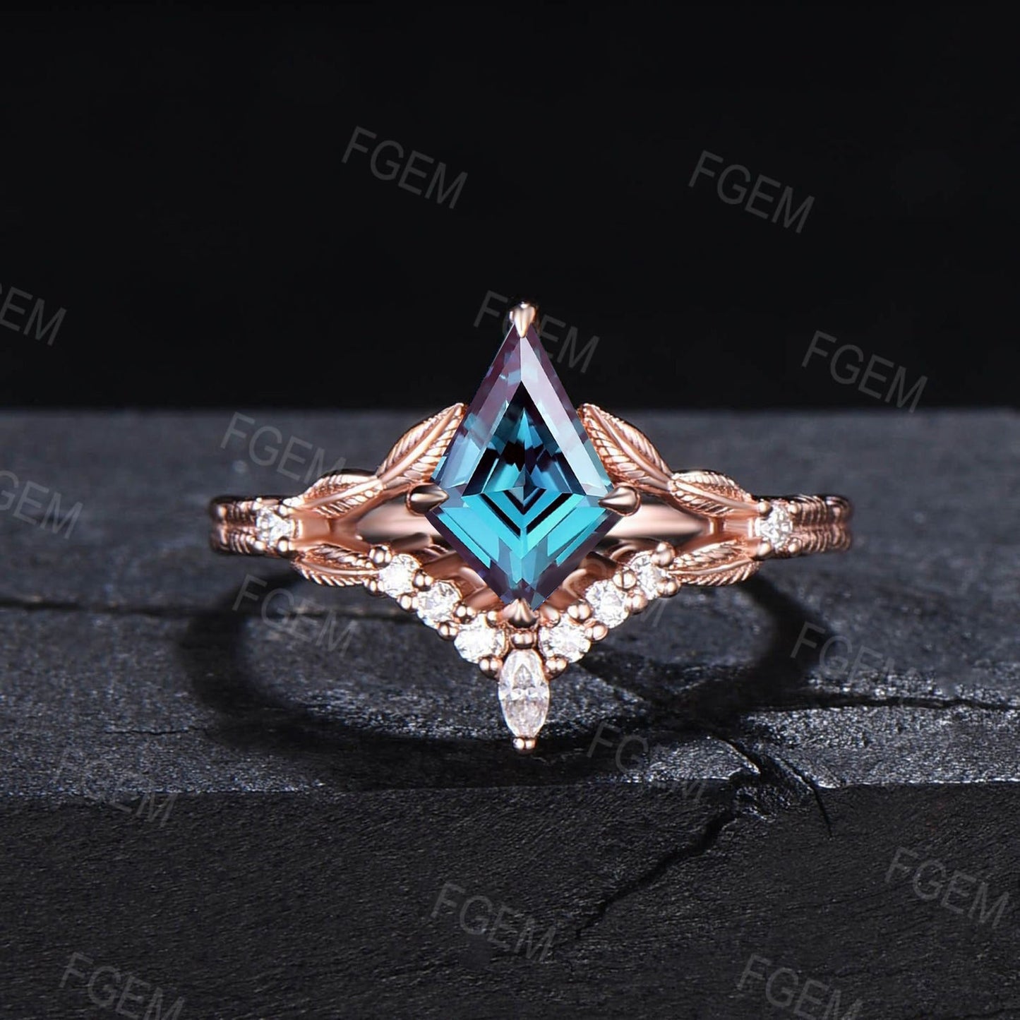 Kite Color-Change Alexandrite Leaf Wedding Ring Set Nature Inspired Branch June Birthstone Wedding Ring Set Unique Anniversary/Proposal Gift
