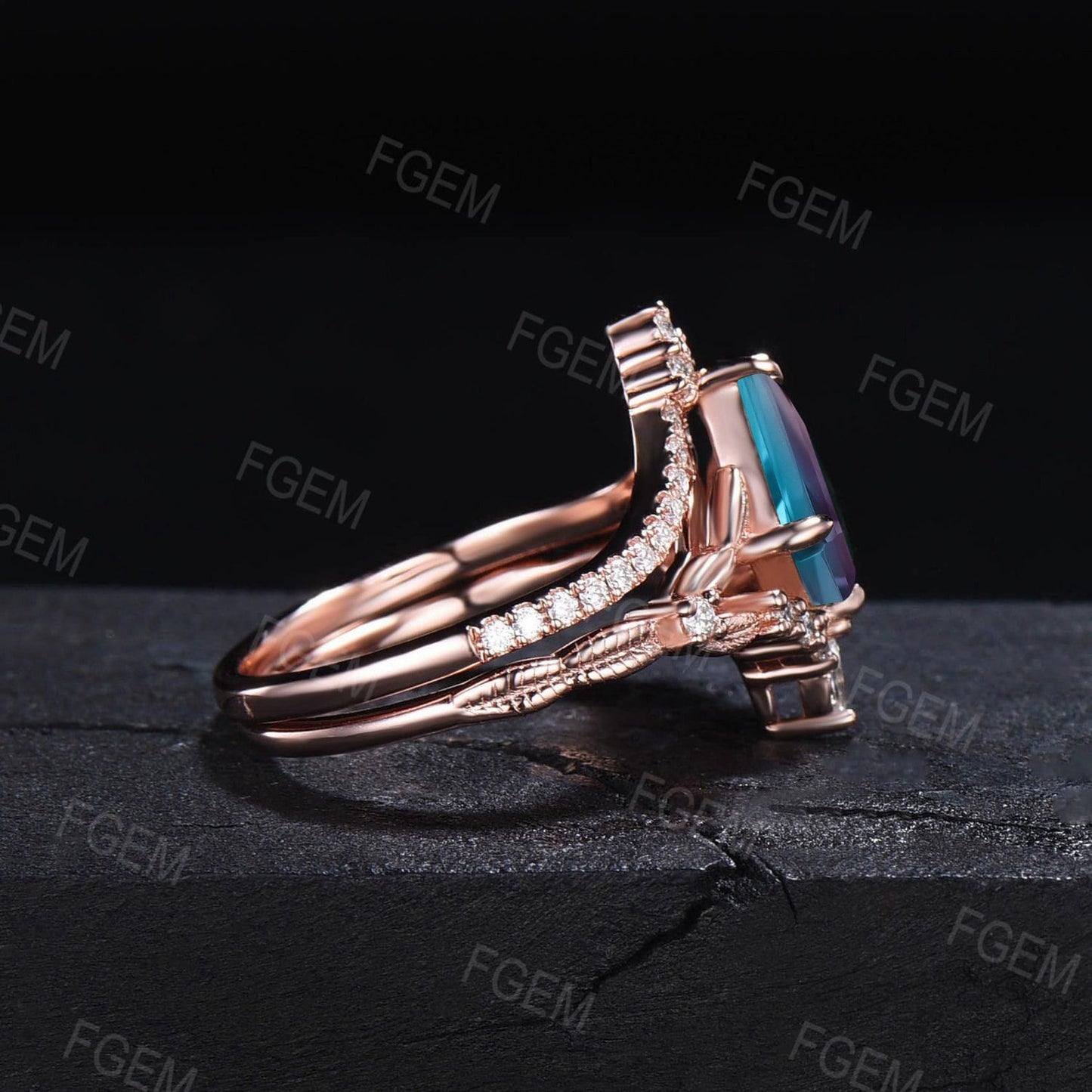 Kite Color-Change Alexandrite Leaf Wedding Ring Set Nature Inspired Branch June Birthstone Wedding Ring Set Unique Anniversary/Proposal Gift
